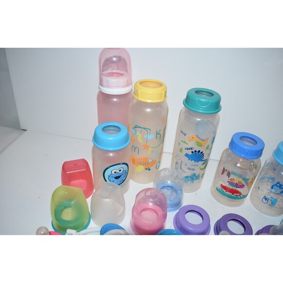 Vtg Plastic Baby Doll Bottle huge Lot Owl dinosaur cookie monster rings covers - Picture 6 of 9